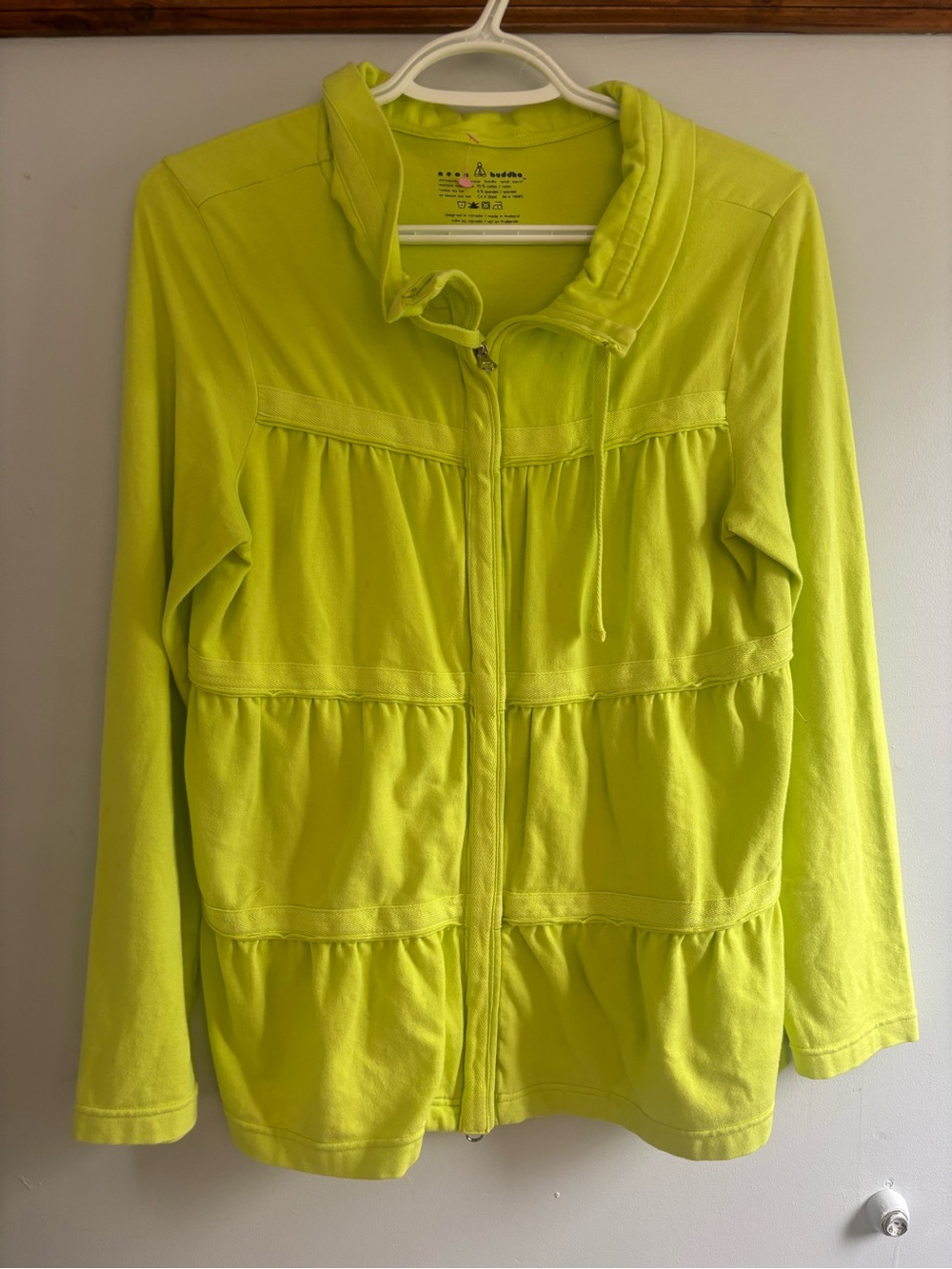 neon buddha Lime yellow Ruffle-Panel Zip Hoodie